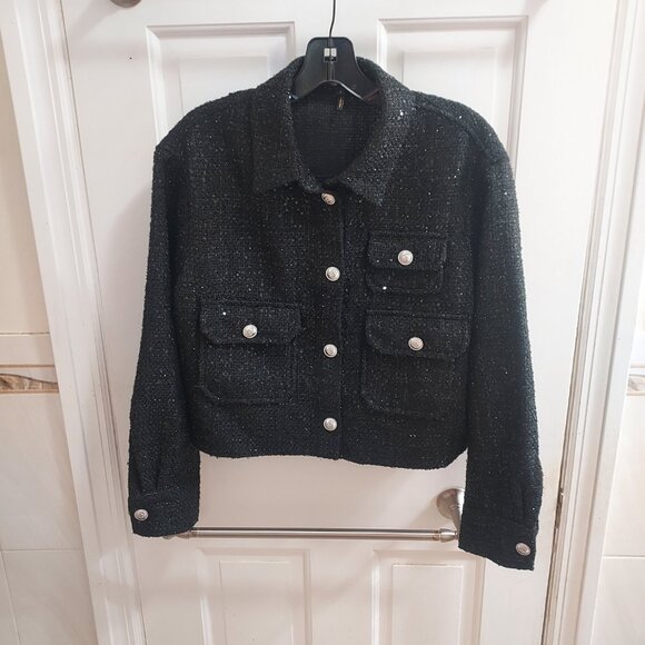 Maje Black Sequin Sparkle Tweed Jacket Size 3 Large - Picture 6 of 8